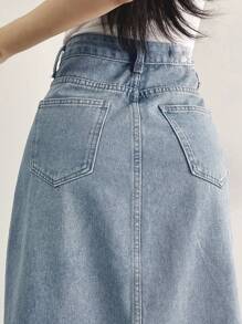DAZY Women's Long Casual Denim Skirt With Pockets & Side Slit Jeans Skirt