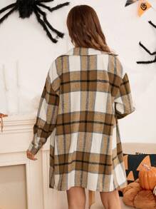SHEIN Maternity Plaid Print Button Front Overcoat & Skirt - Coffee Brown - View 2