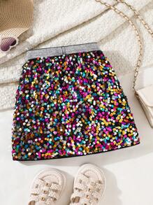SHEIN Young Girl's And Young Girl's Sequin Decorated Party Skirt, Suitable For Autumn Party Wear, For Christmas