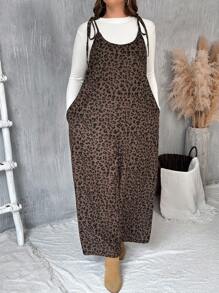 SHEIN VCAY Salopetă de vară cu buzunare cu imprimeu leopard de mărime mare pentru femei - Multicolor - Vizualizare 5