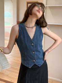 DAZY 女士修身牛仔短款上衣 - 中等水洗藍 - 查看 3