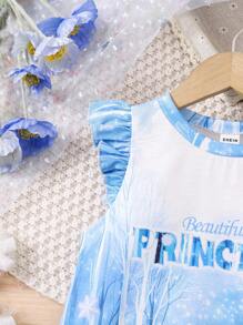 SHEIN Young Girl Blue Casual Cute Cartoon Frozen Princess Cap Sleeve Comfortable Breathable Printed T-Shirt Dress