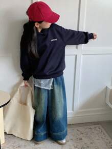 Dazy Kids Tween Girls' Letter Print Hooded Sweatshirt, Fall Sweatshirt - Navy Blue - View 3