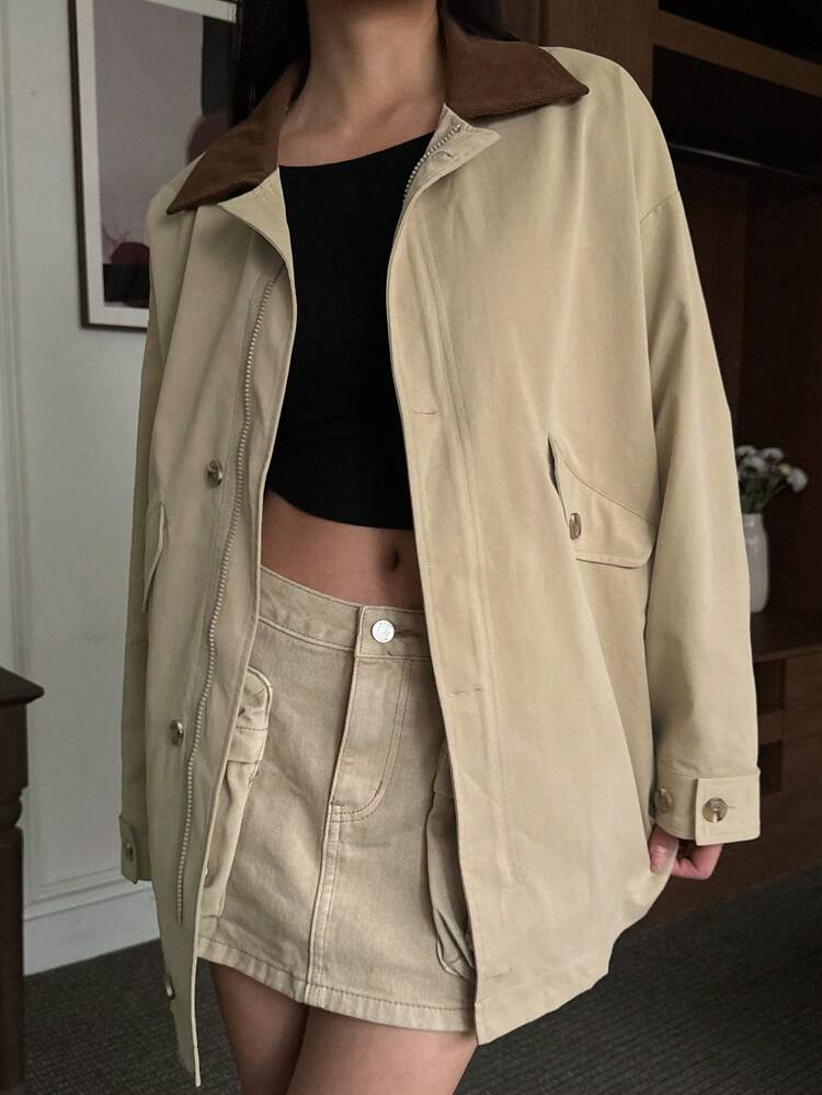 Women's Loose Fit Zip-Up Contrast Color Stand Collar Casual Jacket, Spring/Fall Women Coats