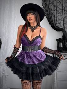 Flirla 大码蕾丝边性感拼色吊带背心图案 T 恤女式上衣 - 紫色 - 查看 7