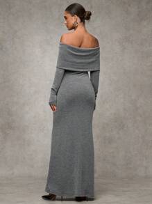 SHEIN BAE 女士优雅灰色露肩修身长款秋季连衣裙、优雅女士连衣裙、秋季婚礼宾客连衣裙、寒冷天气服装、冬季女士连衣裙、优雅连衣裙、节日连衣裙、圣诞派对连衣裙、新年前夜连衣裙 - 灰色 - 查看 3