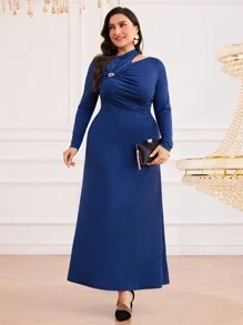 Modelyn Sukienka Plus Size Elegancka Jednolita Kolorowa Asymetryczna Kołnierzyk, Wiosna/Jesień - Niebieski - Zobacz 7