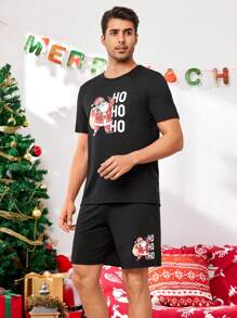 CoupledUp Santa Claus Print Short Sleeve Top & Shorts Pajama Set For Men, For Christmas - Black - View 4