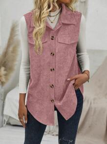 EMERY ROSE 女士纯色翻领单排扣无袖休闲夹克，春秋 - 粉色 - 查看 5