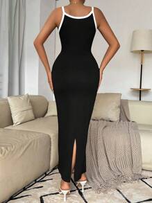 SHEIN PETITE Sexy Black And White Floral Hollow-Out Sleeveless Maxi Tight Slip Dress With Slit, Random Flower Patterns