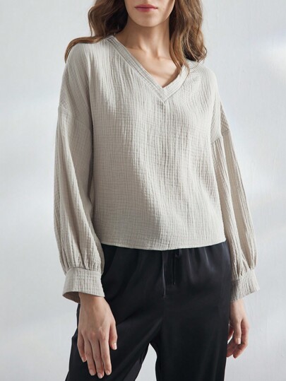 Ocili Leisure Soft 100% Cotton V-Neck Pleated Women Loungewear Top