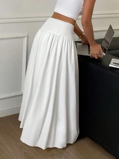 Kvinnor lång enfärgad elastisk hög midja kjol, vårsommar