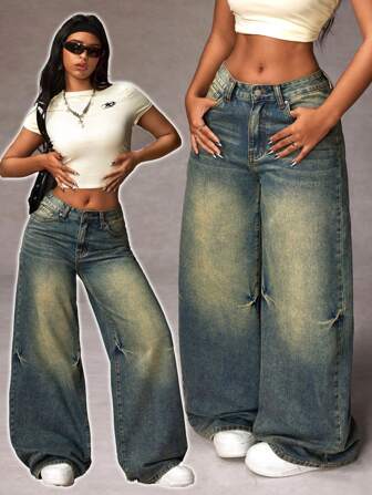 SHEIN x Ludmilla SHEIN ICON 女式休闲阔腿宽松牛仔裤，带口袋