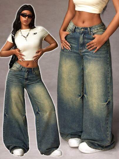 SHEIN Tall 女式宽松口袋阔腿休闲百搭牛仔裤