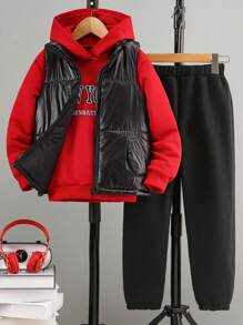 3 件套 Tween Boy 背心、字母印花连帽衫和裤子套装，休闲宽松，秋冬 - 彩色 - 查看 1