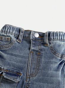 SHEIN 男婴复古多口袋蓝色牛仔裤，休闲百搭，适合男婴秋季服装 - 淺色水洗藍 - 查看 3