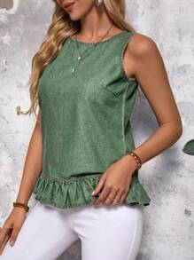 SHEIN LUNE Women's Summer Sleeveless Button Back Ruffled Hem Denim Blouse - Green - View 5