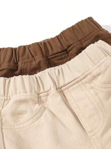 SHEIN Playful Pals 2 件装男婴纯色松紧腰休闲牛仔裤套装，秋季