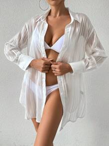 SHEIN Swim 条纹雪纺宽松长袖衬衫领设计度假女士罩衫夏季 - 白色 - 查看 1