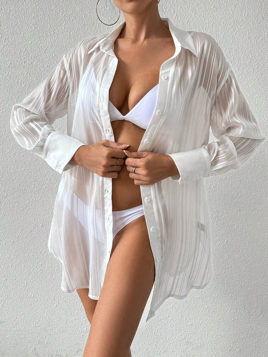 SHEIN Swim 条纹雪纺宽松长袖衬衫领设计度假女士罩衫夏季 - 白色 - 查看 1