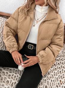 SHEIN LUNE 2件装2024秋冬新款女士立领短款灯芯绒羽绒服宽松小棉袄 - 棕色 - 查看 7