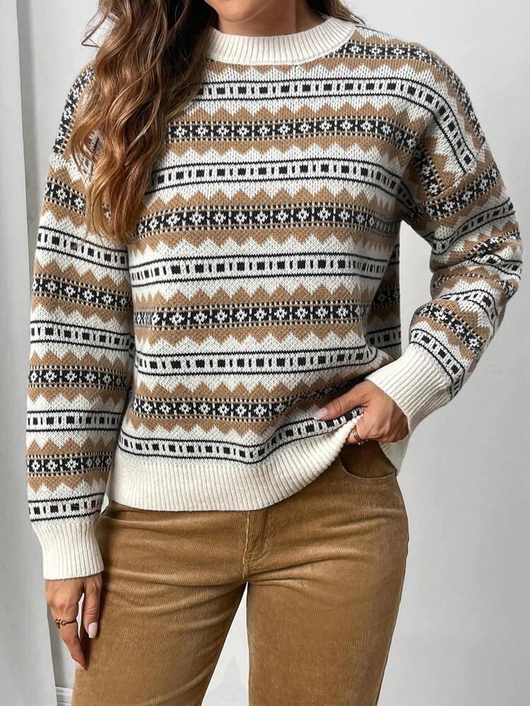 Women's Multicolored Jacquard Knit Sweater With Round Neck, Long Sleeve