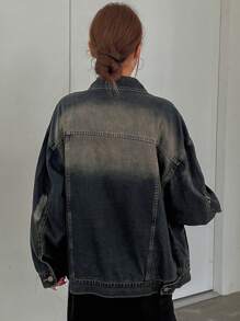 DAZY Women's Autumn/Winter Drop Shoulder Long Sleeve Distressed Washed Baggy Denim Jacket - Blue - View 5