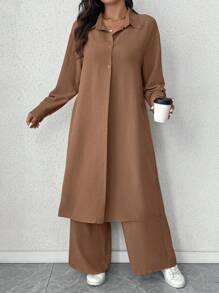 Elenzga 大码褶皱纹理面料领长袖长衬衫和宽松直腿裤两件套休闲装 - 摩卡棕 - 查看 7