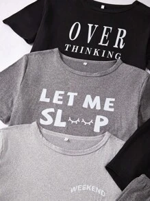 3pcs/Pajama Set Letter Print Casual Short Sleeve Hoodie And Shorts Outfit