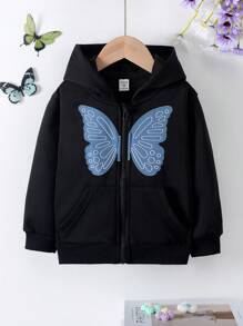 SHEIN Young Girl Lightweight Zipper Closure Knit Butterfly Pattern Hooded Jacket, Casual Style For Fall & Winter - Black - View 1