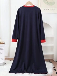 SHEIN Tween Girl 休闲睫毛印花拼色圆领长袖长款睡袍睡衣家居服 - 寶藍色 - 查看 2