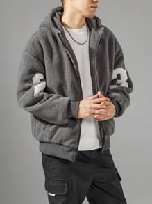 Manfinity Homme Áo khoác nam dài tay in chữ, trễ vai, có mũ trùm đầu, đệm, mùa thu đông - Xám - Xem 3
