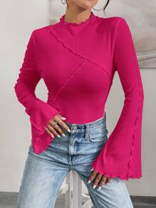 SHEIN Essnce Women's Spring/Summer Solid Color Stand Collar Long Sleeve Slim Fit T-Shirt With Ruffled Edge - Hot Pink - View 3