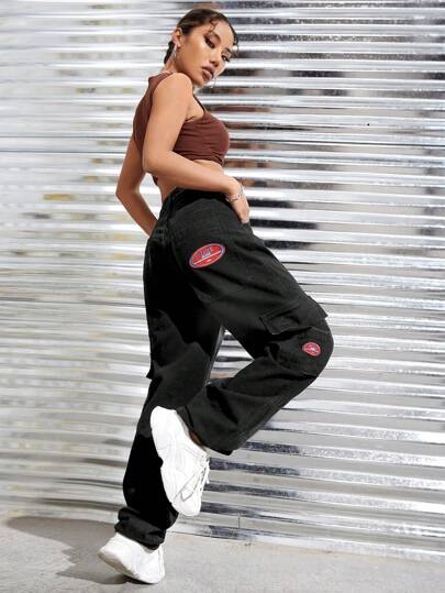 EURMUSE Letter Patched Detail Cargo Jeans