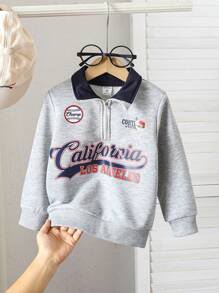 Young Boy Casual Sports Letter Print Half-Zip Collar Sweatshirt. The Letter Printed Design On The Sweatshirt Showcases A Sporty Style, And The Half-Zip Collar Design Is Fashionable And Casual. Suitable For Young Boys To Wear In Daily Life, Creating A Relaxed And Sporty Atmosphere - Light Grey - View 1