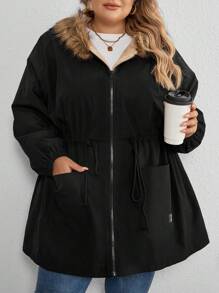 SHEIN CURVE+ Áo khoác có mũ trùm đầu thanh lịch cỡ lớn mùa đông mới mềm mại có đệm - màu đen - Xem 4