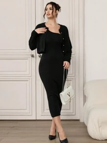 Modelyn 2pcs Women's Solid Color Front Button Shirt And Asymmetric Sleeveless Dress Set 2 Pieces Set - Black - View 7