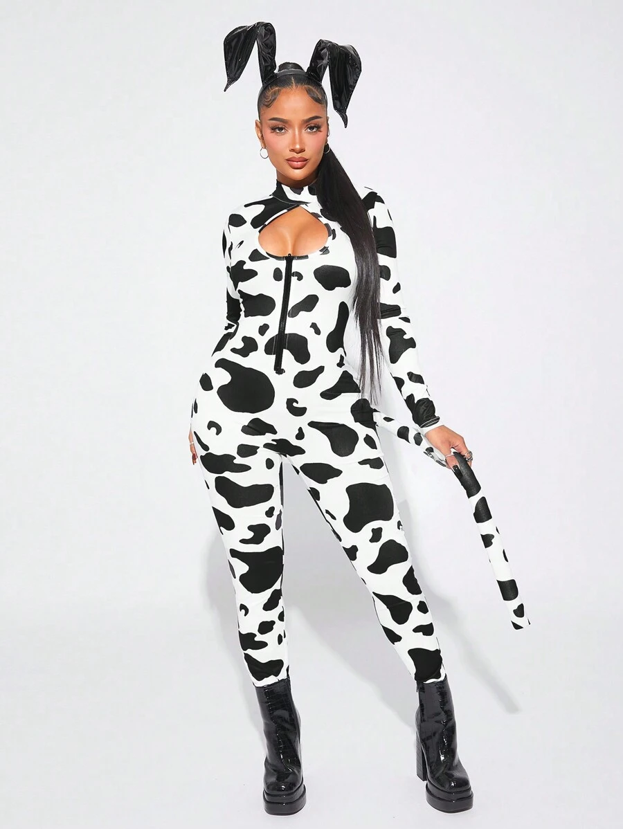 SHEIN SXY Women's Cow Print Stand Collar Cutout Long Sleeve Jumpsuit Black And White Cow Cosplay Christmas Costume - Rust Brown - View 1