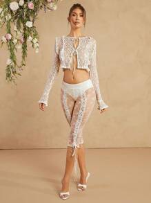L'Amorae Long Sleeve Tie Front Lace Top - White - View 6