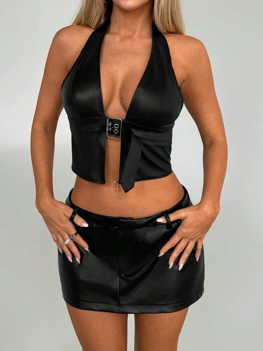 Aloruh 女士音乐节演唱会夜店吊带背心日常休闲年轻女孩辣妹黑色性感 PU 露背上衣夏季