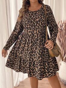 SHEIN VCAY 大码豹纹拼布长袖圆领连衣裙 - 彩色 - 查看 4