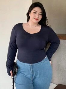 Dazy Plus Plus Size Solid Color Sweetheart Neck Slim-Fit Base Layer T-Shirt,Fall Clothes - Navy Blue - View 1
