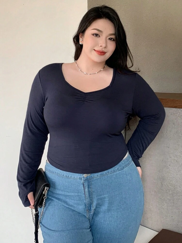 Dazy Plus Plus Size Solid Color Sweetheart Neck Slim-Fit Base Layer T-Shirt,Fall Clothes