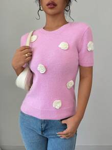 Chiquease Women's Crew Neck Short Sleeve 3D Flower Decor Casual Knitted Top - Violet Purple - View 3