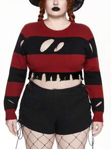 ROMWE Goth Pull court déchiré rayé rouge et noir pour l'Halloween, grande taille