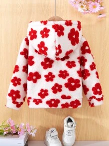 SHEIN 年轻女孩厚款加绒加厚连帽夹克，带花卉贴花，冬季 - 紅色 - 查看 2