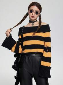 SHEIN Explorewe 1 件青少年女孩宽松圆领露肩两用针织毛衣，卷边喇叭袖口和破洞细节，橙色/黑色万圣节撞色，适合秋冬季，哥特式、时尚、标志性和街头风格，时尚短款宽松剪裁，非常适合休闲、旅行、聚会和派对场合 - 黑色 - 查看 4