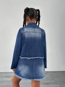 SHEIN Explorewe Tween Girls Long Sleeve Top And Denim Skirt 2-Piece Set - Medium Wash - View 2