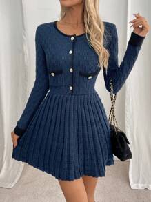 Calvaya Retro French Style Sweater Dress, Thick Polyester Fabric, Waist Design, Fitted Silhouette, Navy Blue, Suitable For Party, Outing And Street Wear, Autumn/Winter