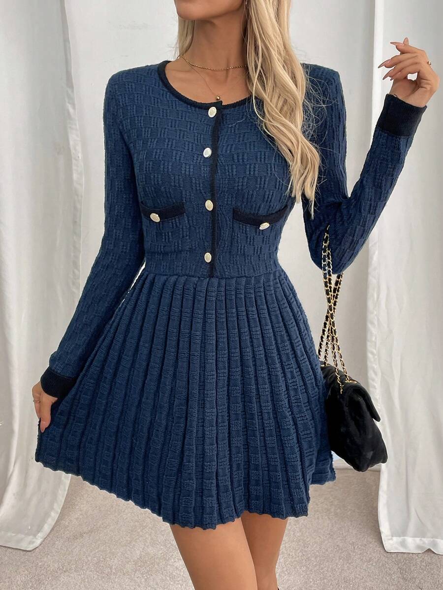 Calvaya Retro French Style Sweater Dress, Thick Polyester Fabric, Waist Design, Fitted Silhouette, Navy Blue, Suitable For Party, Outing And Street Wear, Autumn/Winter